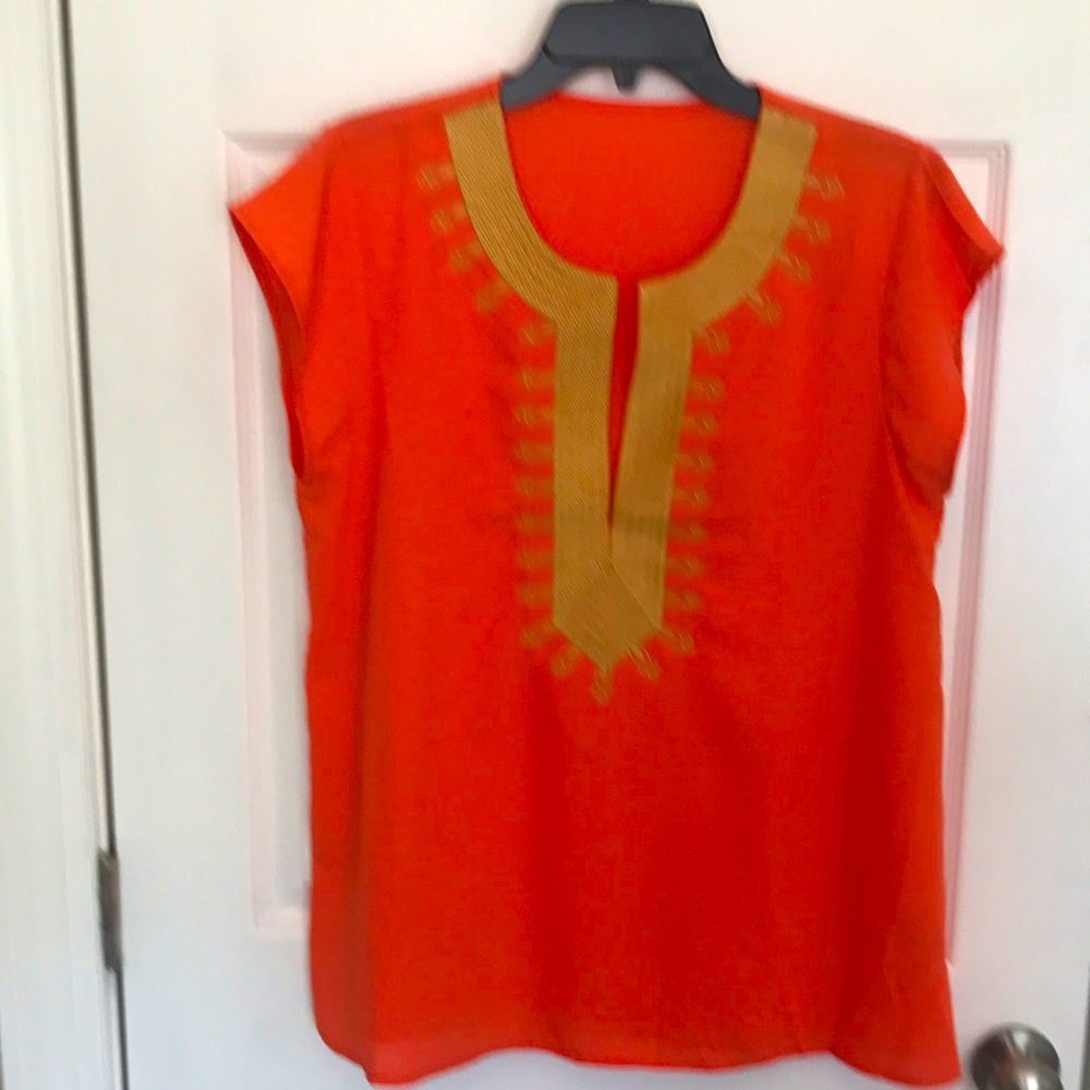 SHEIN- orange cap sleeve with embroidered neckline